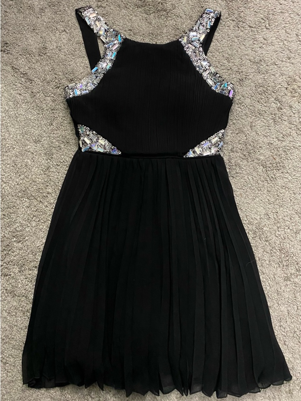 Deb Black Pleated Prom Dress with Iridescent Sequin Trim